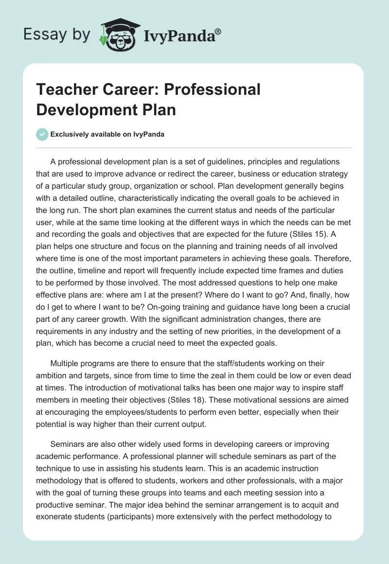 Teacher Career: Professional Development Plan. Page 1