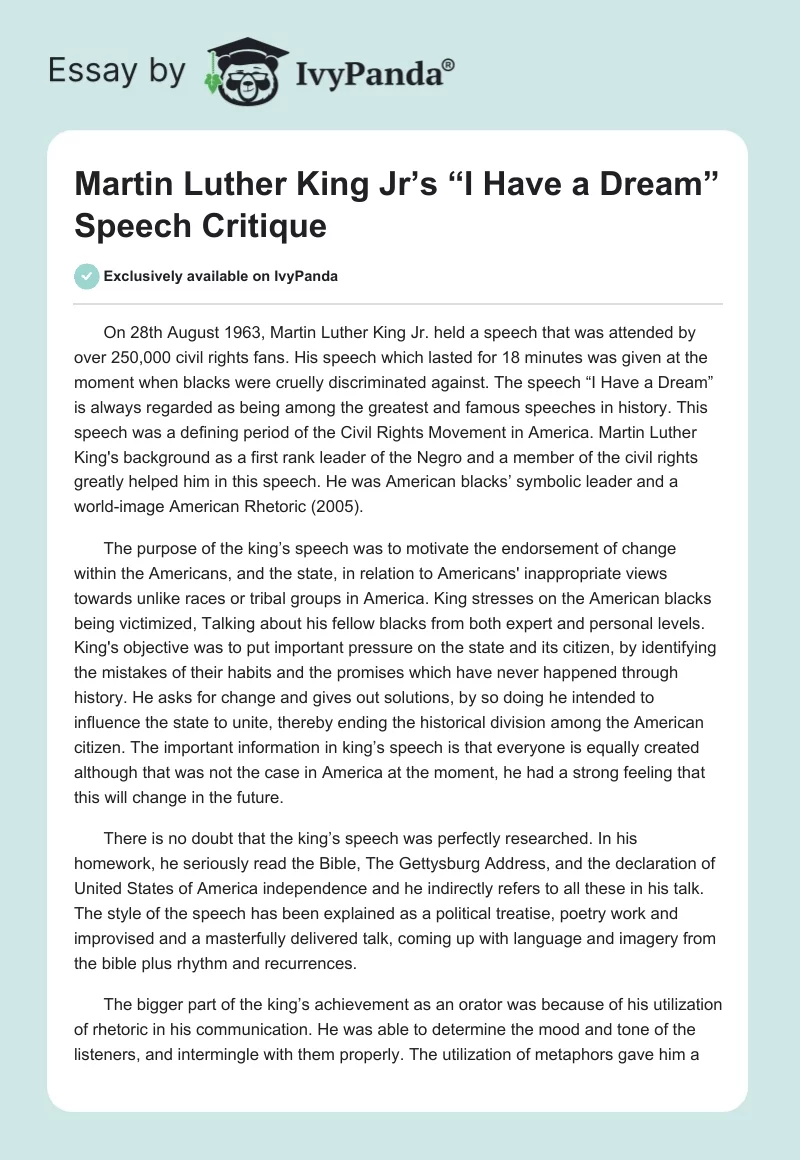 Martin Luther King Jr’s “I Have a Dream” Speech Critique. Page 1