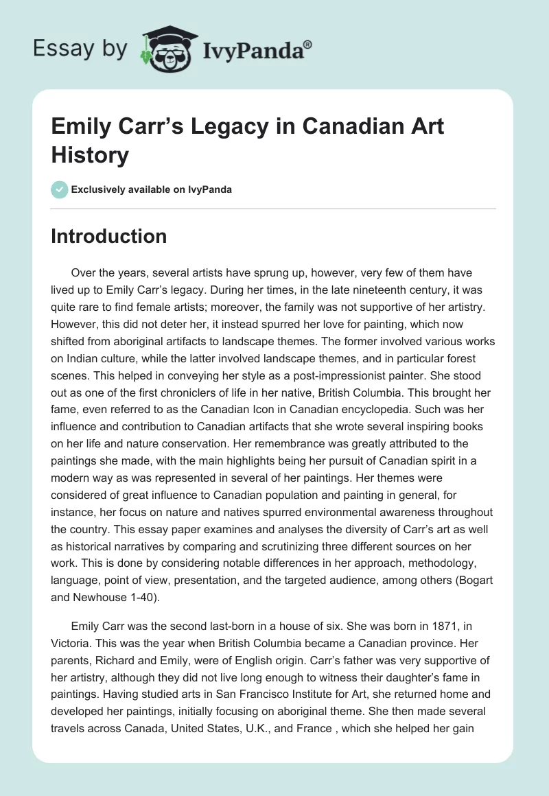 Emily Carr’s Legacy in Canadian Art History. Page 1