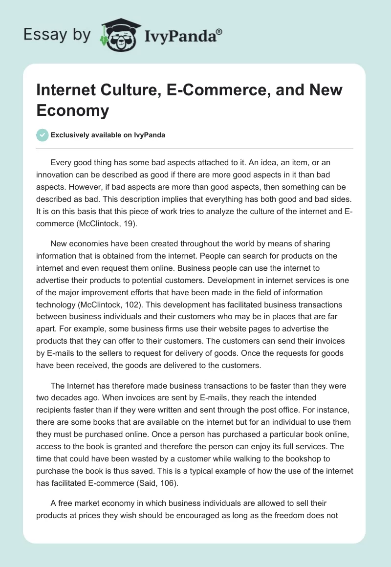 Internet Culture, E-Commerce, and New Economy. Page 1