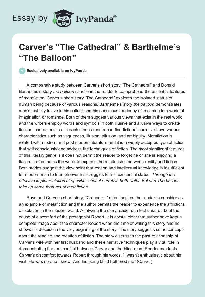 Carver’s “The Cathedral” & Barthelme’s “The Balloon”. Page 1