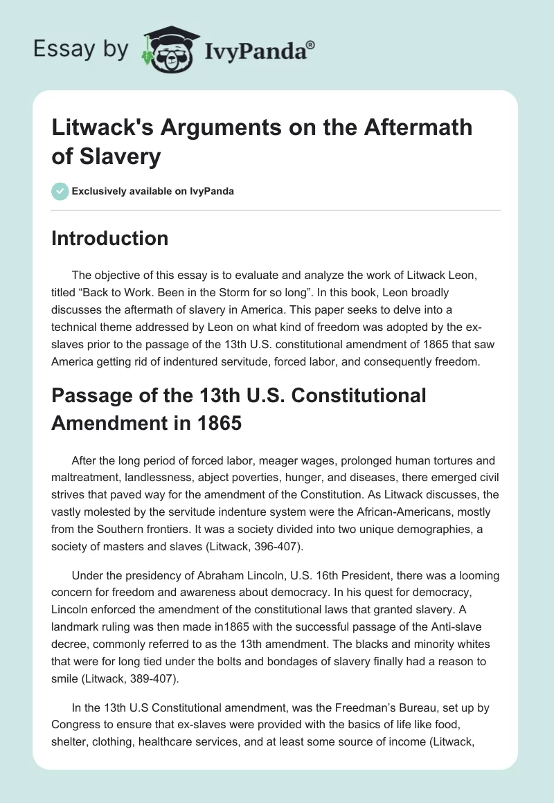 Litwack's Arguments on the Aftermath of Slavery. Page 1