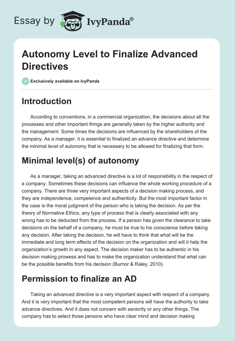 Autonomy Level to Finalize Advanced Directives. Page 1