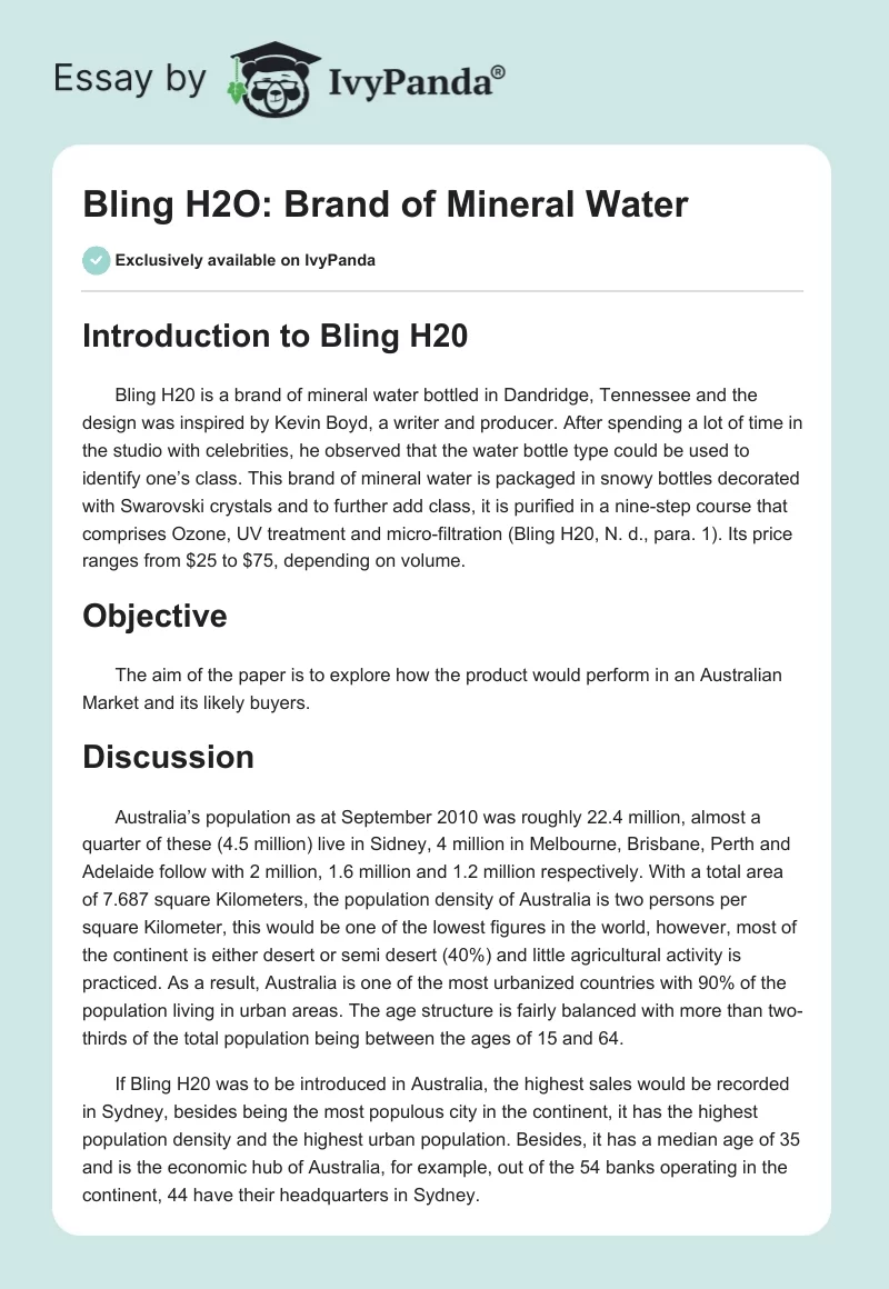 Bling H2O: Brand of Mineral Water. Page 1