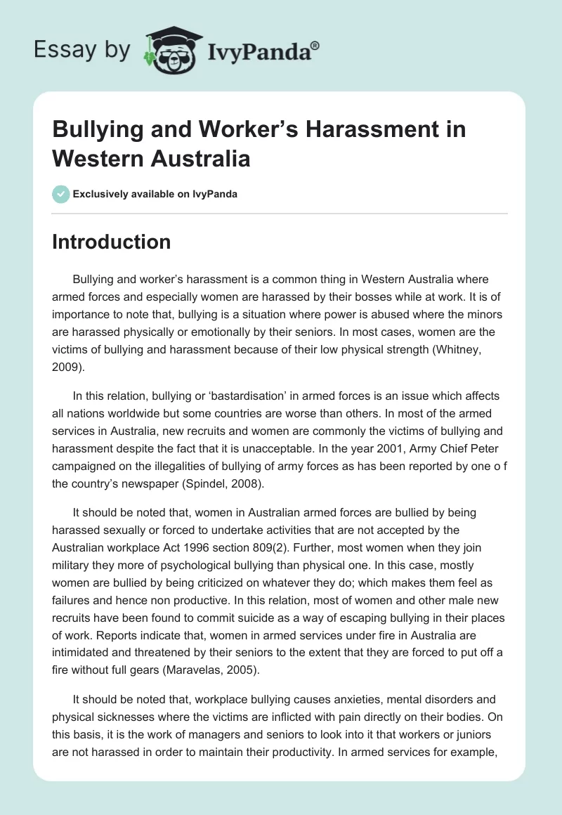 Bullying and Worker’s Harassment in Western Australia. Page 1