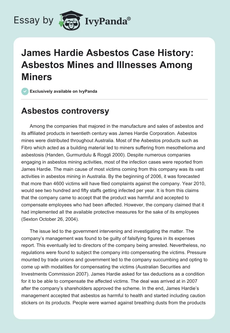 James Hardie Asbestos Case History: Asbestos Mines and Illnesses Among Miners. Page 1