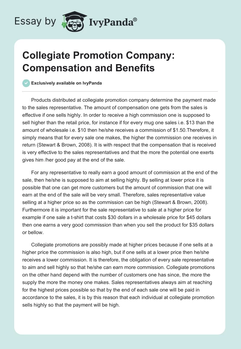 Collegiate Promotion Company: Compensation and Benefits. Page 1