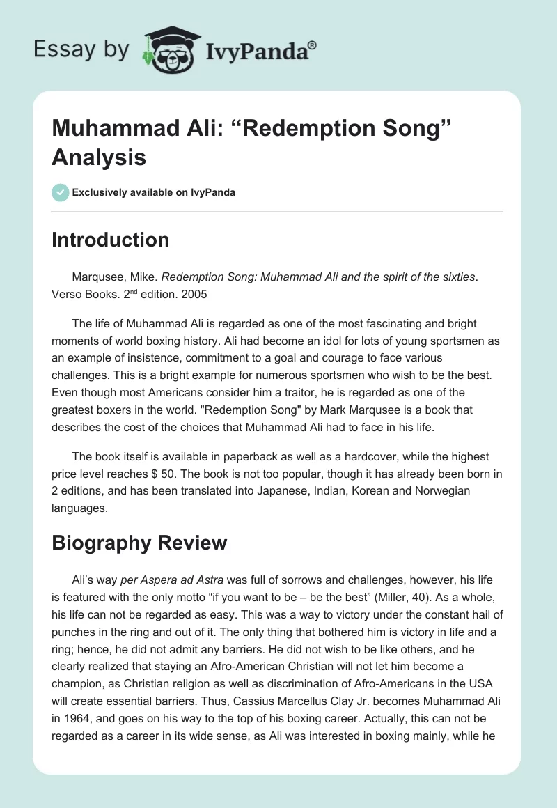 Muhammad Ali: “Redemption Song” Analysis. Page 1