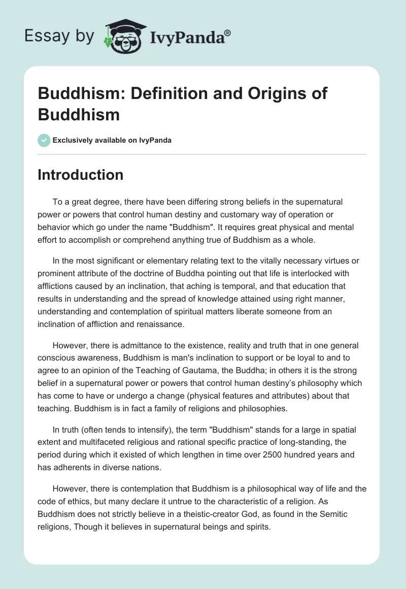 Buddhism: Definition and Origins of Buddhism. Page 1
