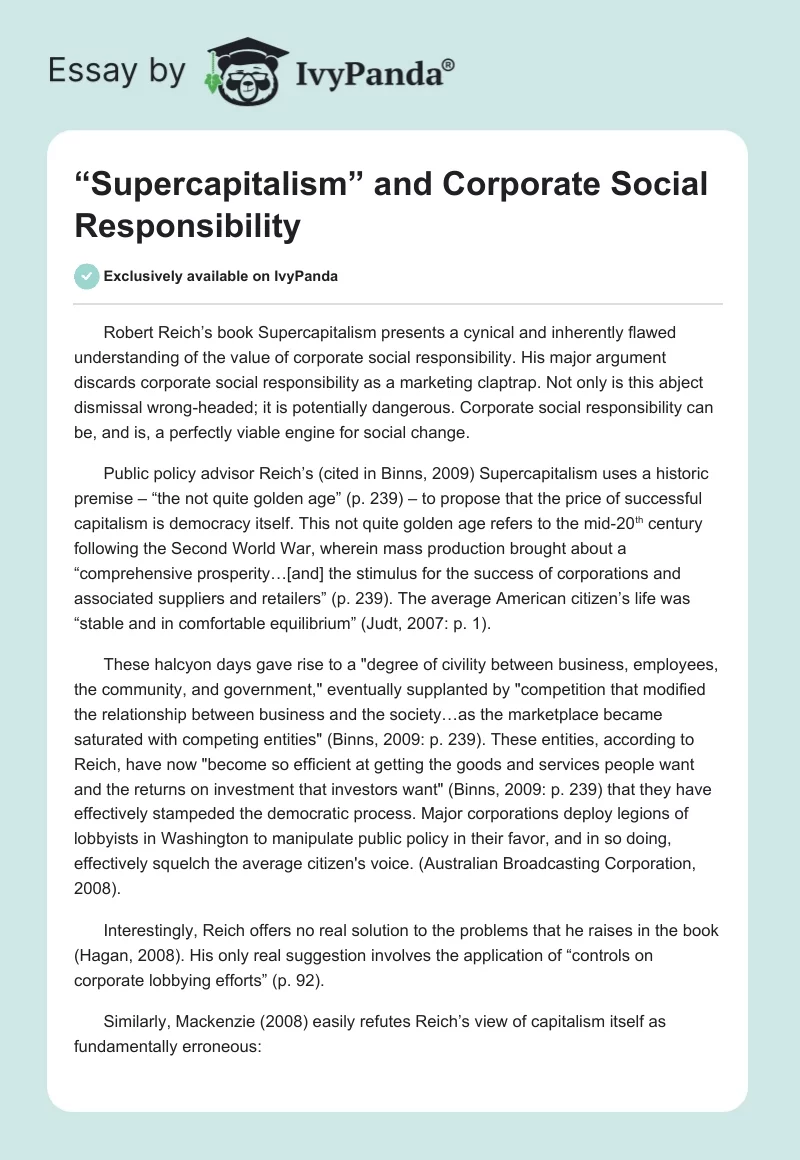 “Supercapitalism” and Corporate Social Responsibility. Page 1