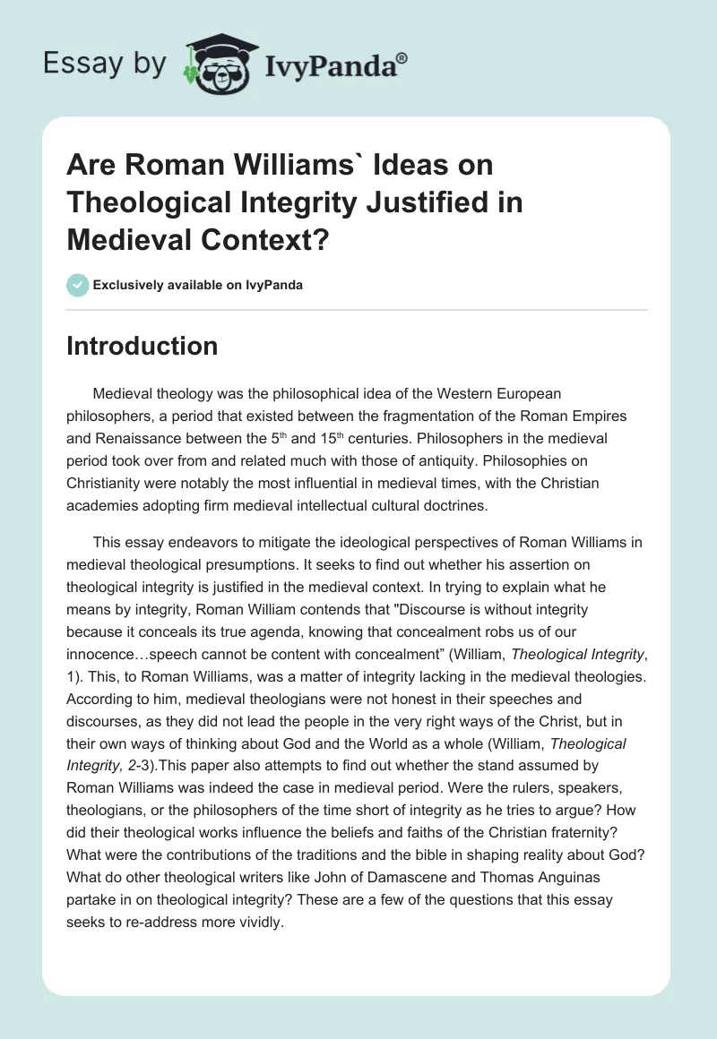 Are Roman Williams' Ideas on Theological Integrity Justified in Medieval Context?. Page 1