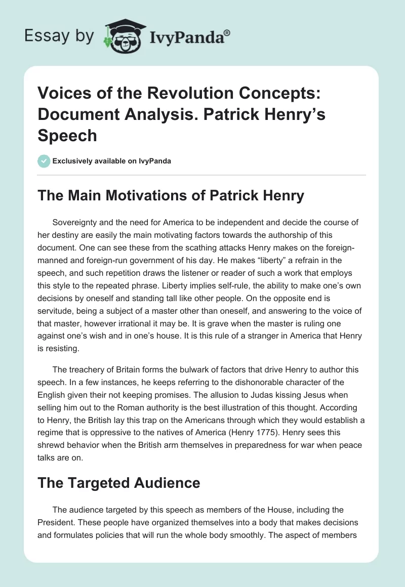 Voices of the Revolution Concepts: Document Analysis. Patrick Henry’s Speech. Page 1