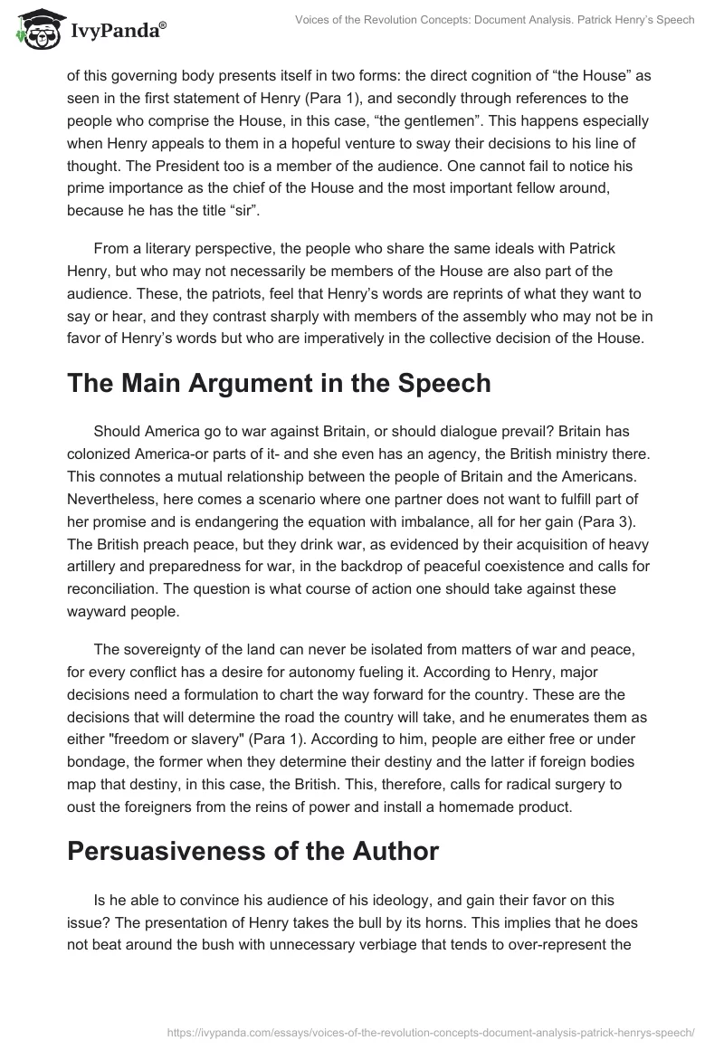Voices of the Revolution Concepts: Document Analysis. Patrick Henry’s Speech. Page 2