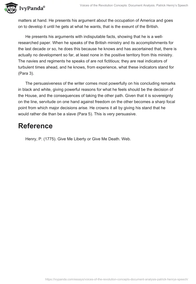 Voices of the Revolution Concepts: Document Analysis. Patrick Henry’s Speech. Page 3