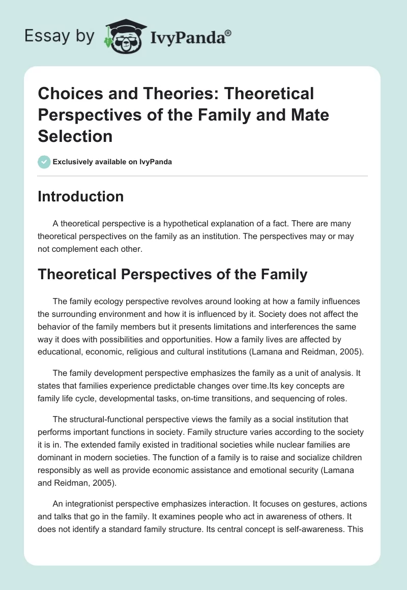 Choices and Theories: Theoretical Perspectives of the Family and Mate Selection. Page 1