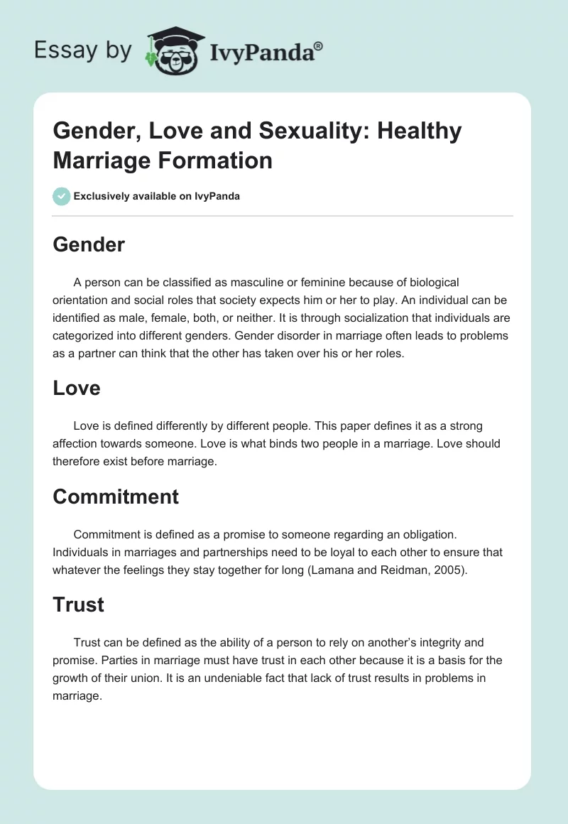 Gender, Love and Sexuality: Healthy Marriage Formation. Page 1