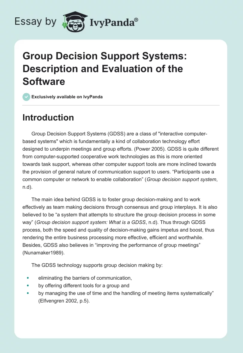 Group Decision Support Systems: Description and Evaluation of the Software. Page 1