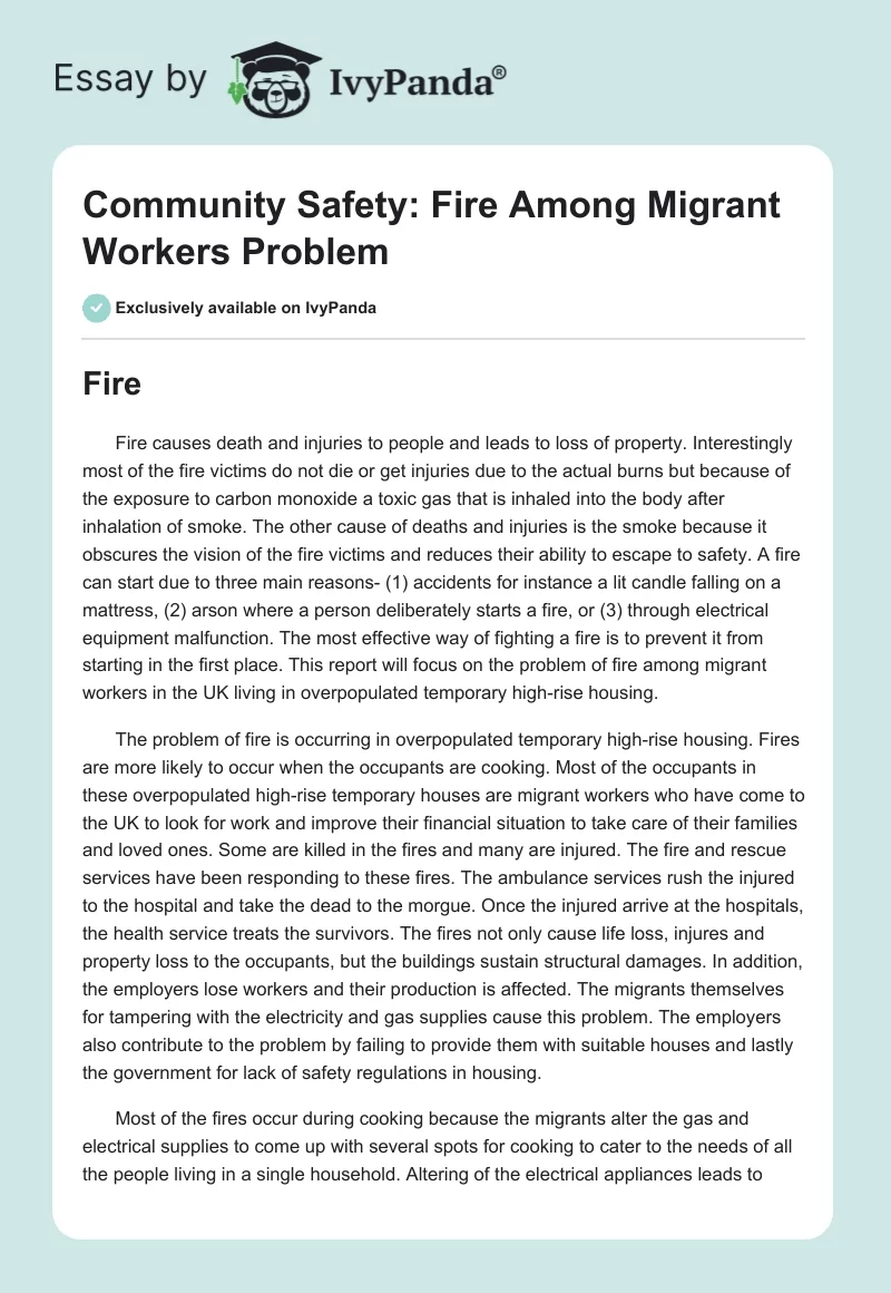Community Safety: Fire Among Migrant Workers Problem. Page 1