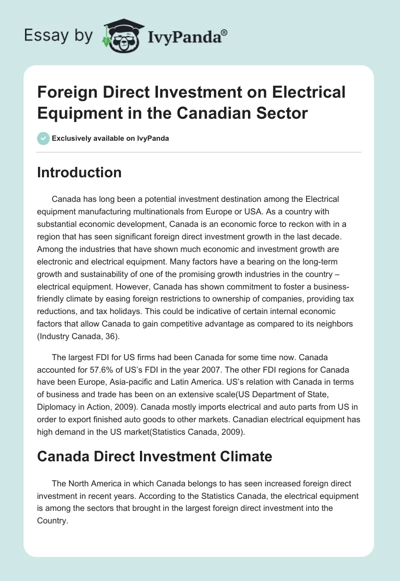 Foreign Direct Investment on Electrical Equipment in the Canadian Sector. Page 1