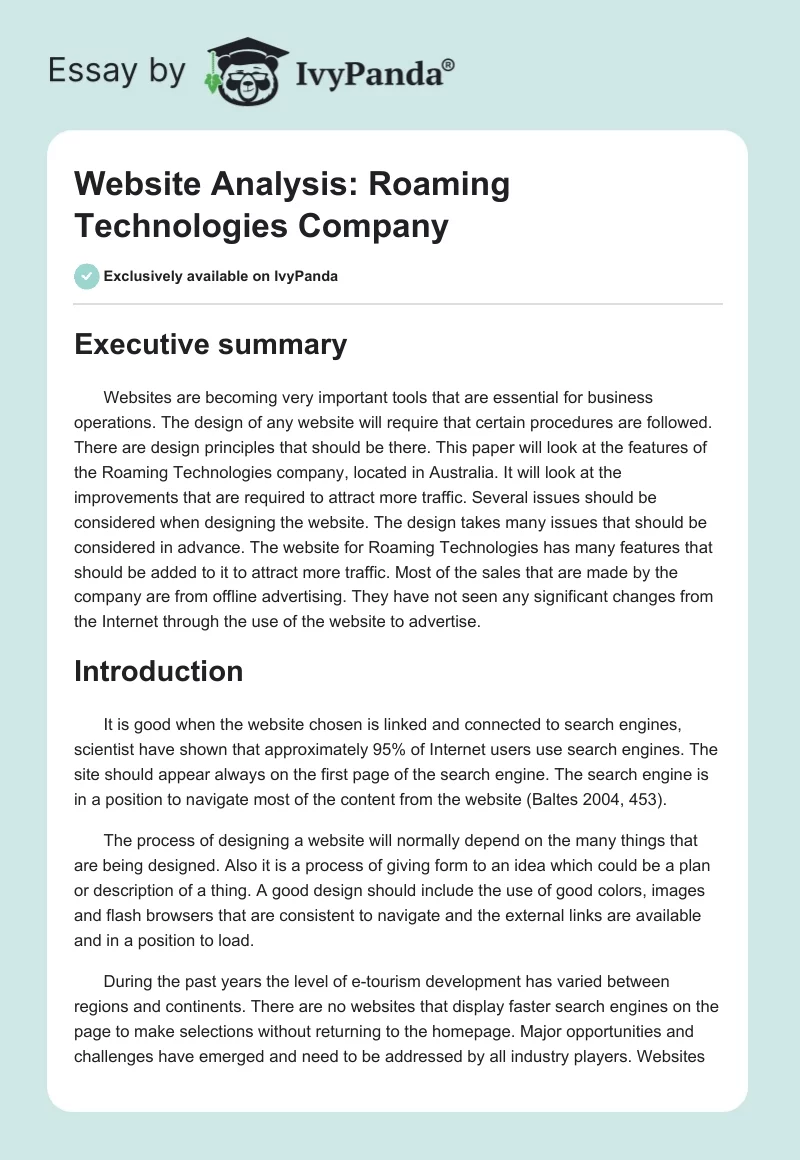 Website Analysis: Roaming Technologies Company. Page 1