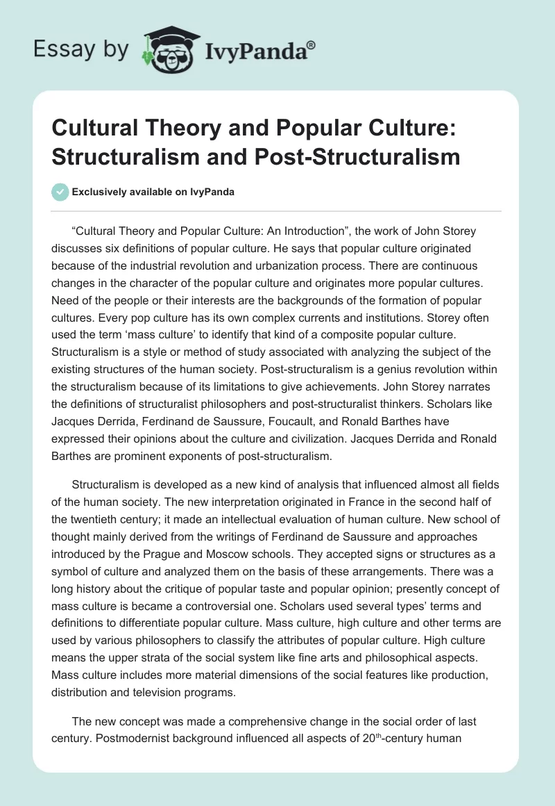 Cultural Theory and Popular Culture: Structuralism and Post-Structuralism. Page 1