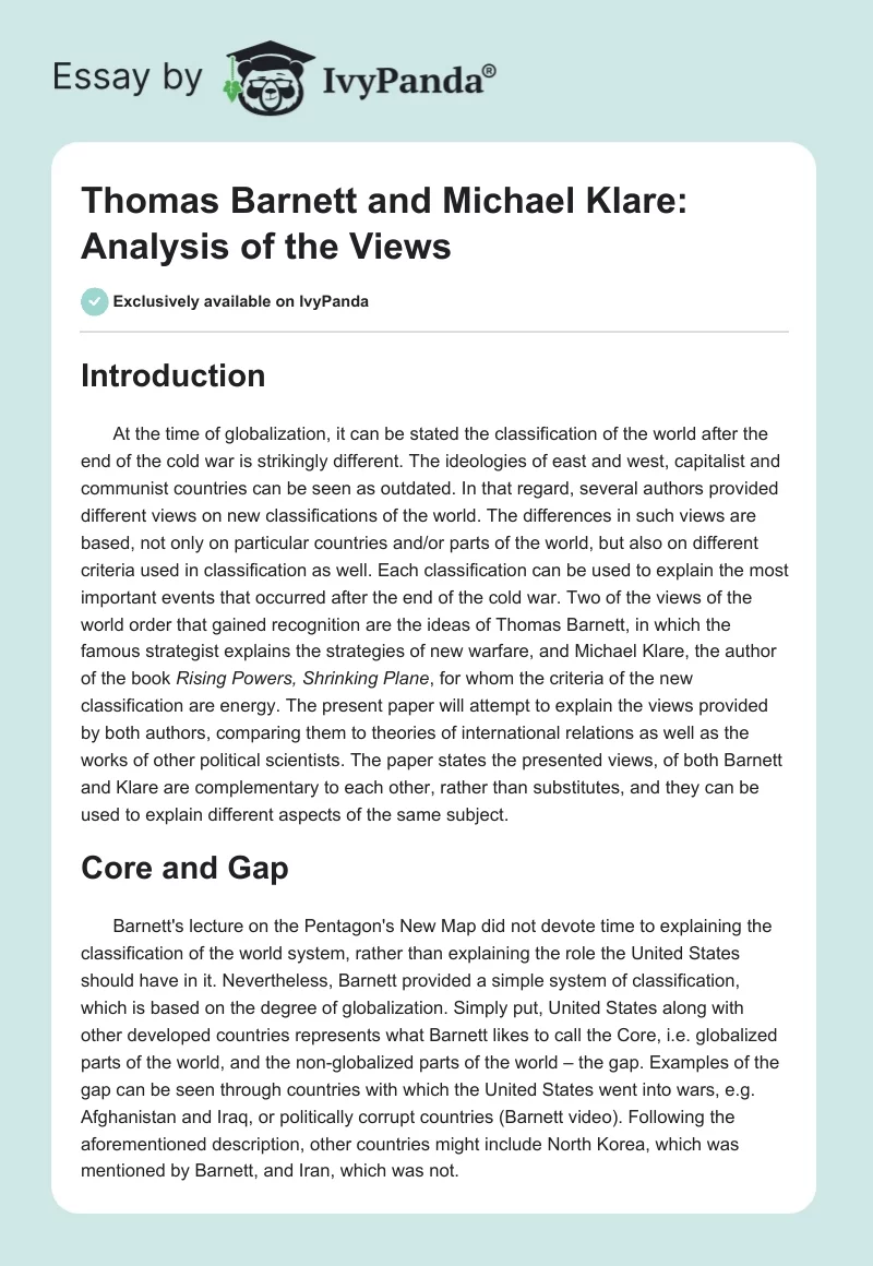 Thomas Barnett and Michael Klare: Analysis of the Views. Page 1