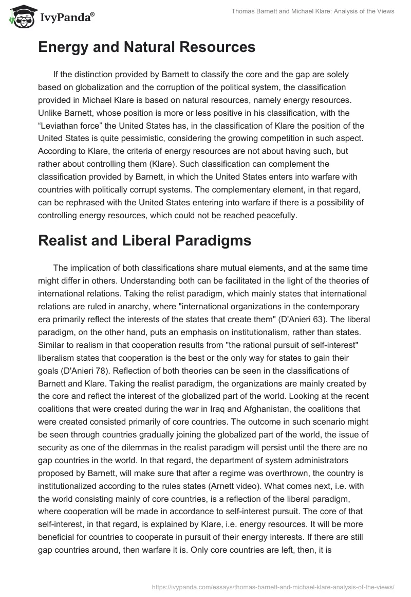 Thomas Barnett and Michael Klare: Analysis of the Views. Page 2