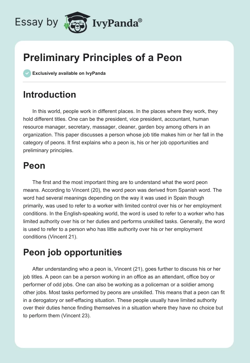 Preliminary Principles of a Peon. Page 1