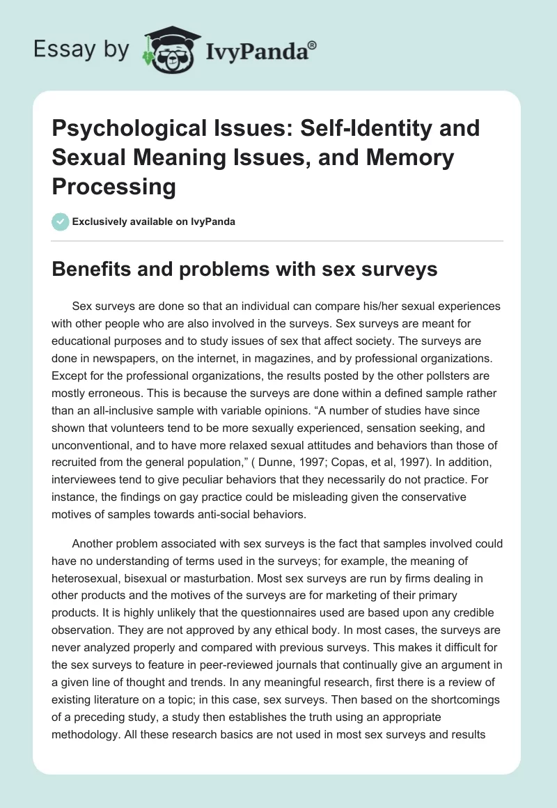 Psychological Issues: Self-Identity and Sexual Meaning Issues, and Memory Processing. Page 1
