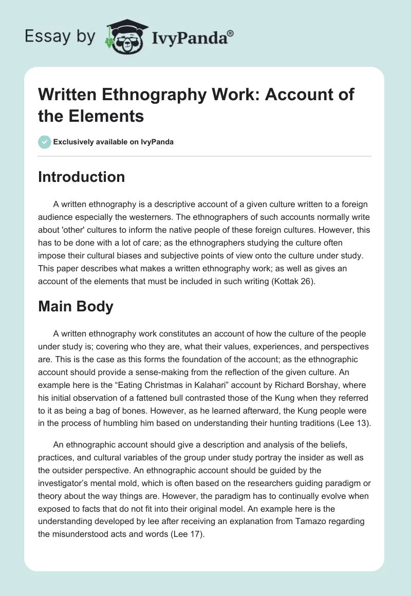 Written Ethnography Work: Account of the Elements. Page 1