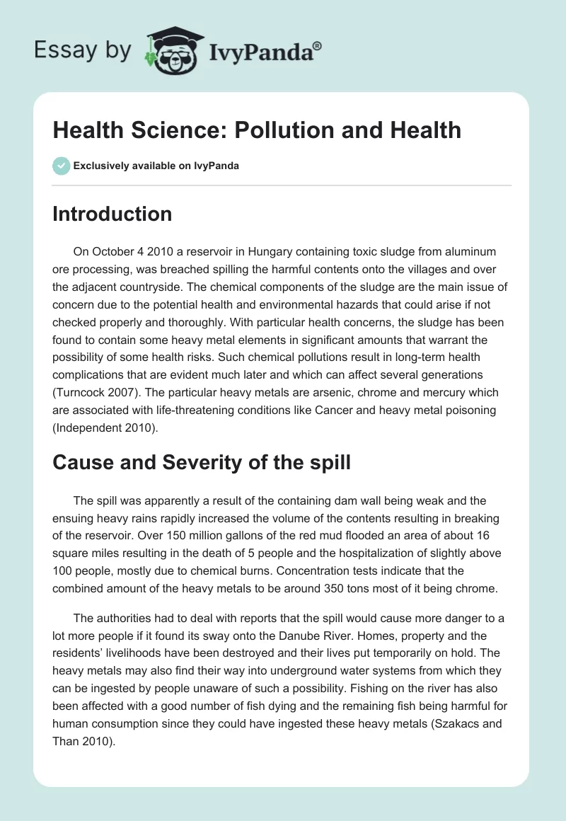 Health Science: Pollution and Health. Page 1