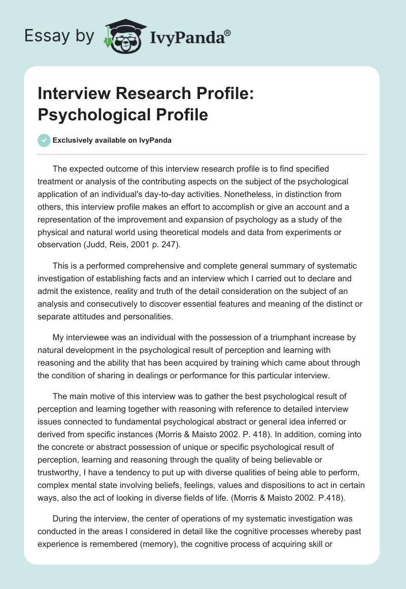 Interview Research Profile: Psychological Profile. Page 1
