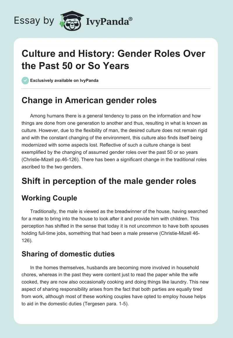 Culture and History: Gender Roles Over the Past 50 or So Years. Page 1