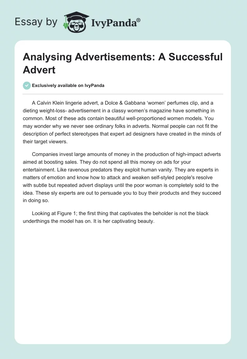 Analysing Advertisements: A Successful Advert. Page 1