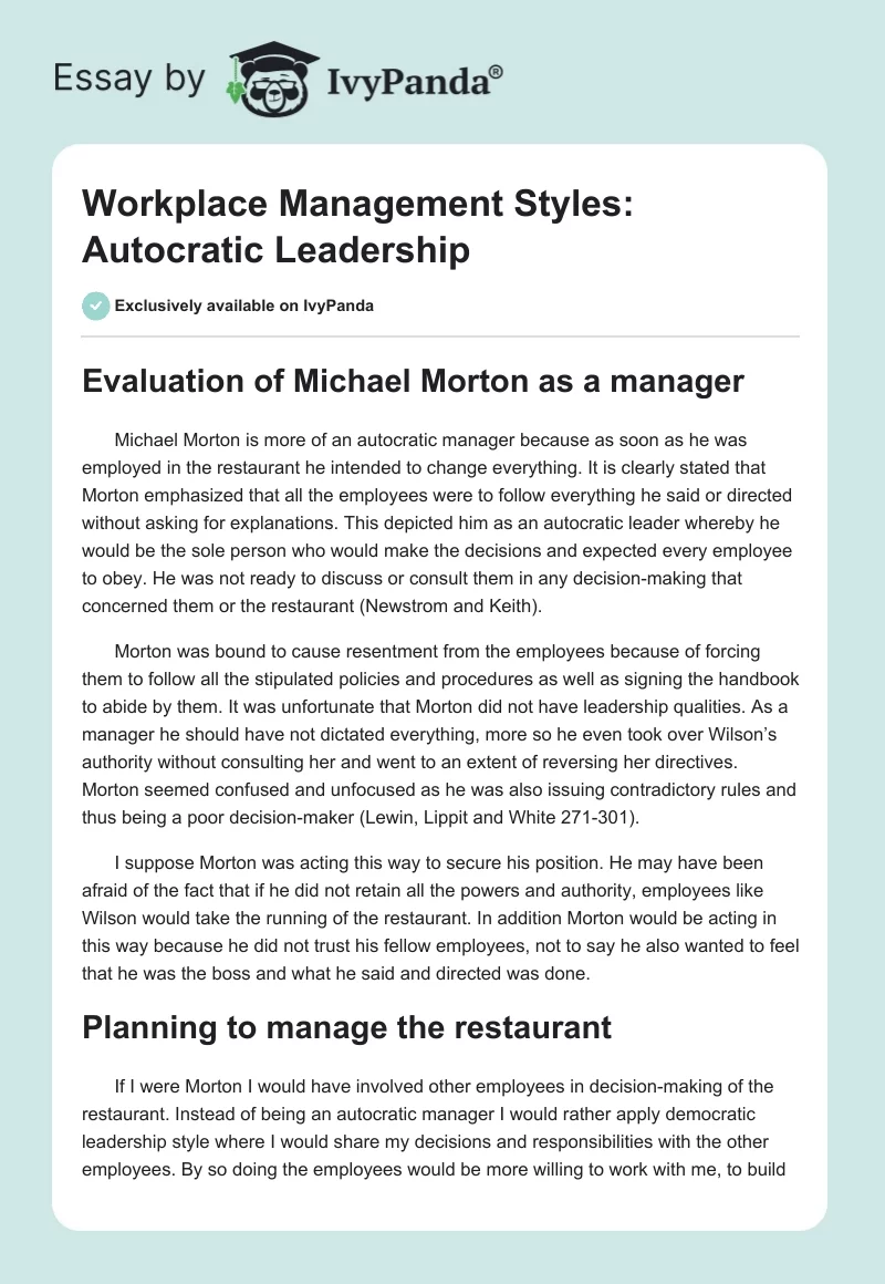 Workplace Management Styles: Autocratic Leadership. Page 1