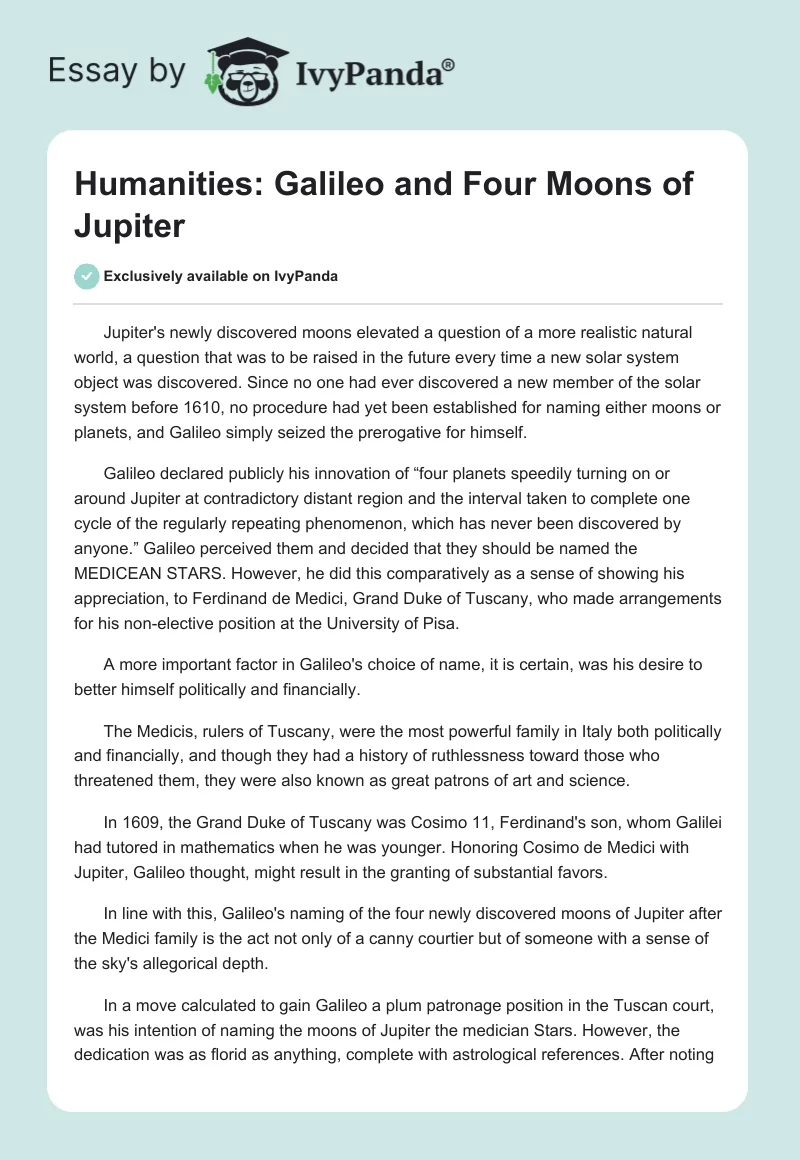 Humanities: Galileo and Four Moons of Jupiter. Page 1