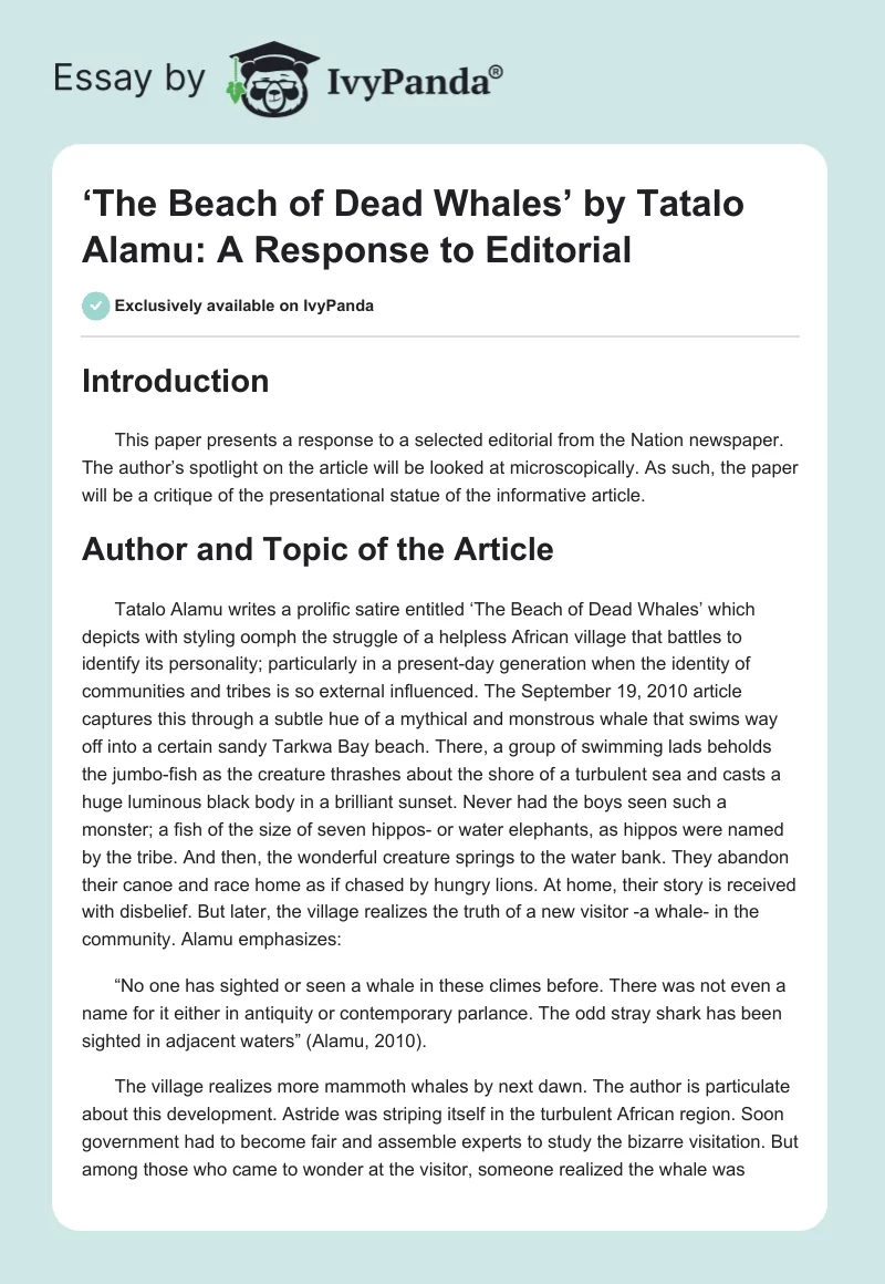‘The Beach of Dead Whales’ by Tatalo Alamu: A Response to Editorial. Page 1