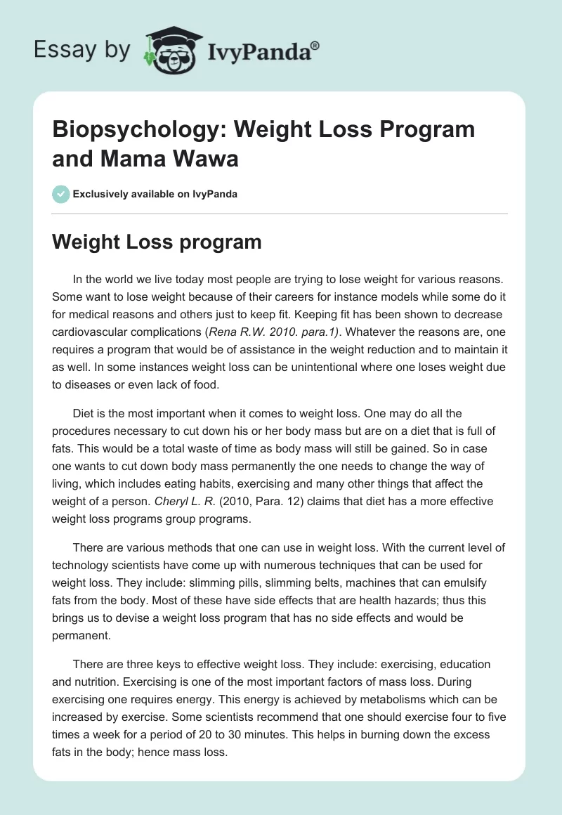 Biopsychology: Weight Loss Program and Mama Wawa. Page 1
