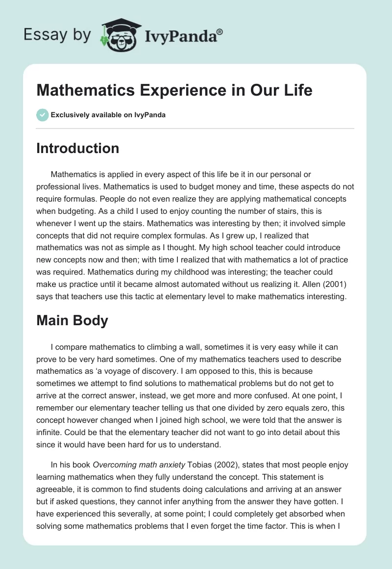 Mathematics Experience in Our Life. Page 1