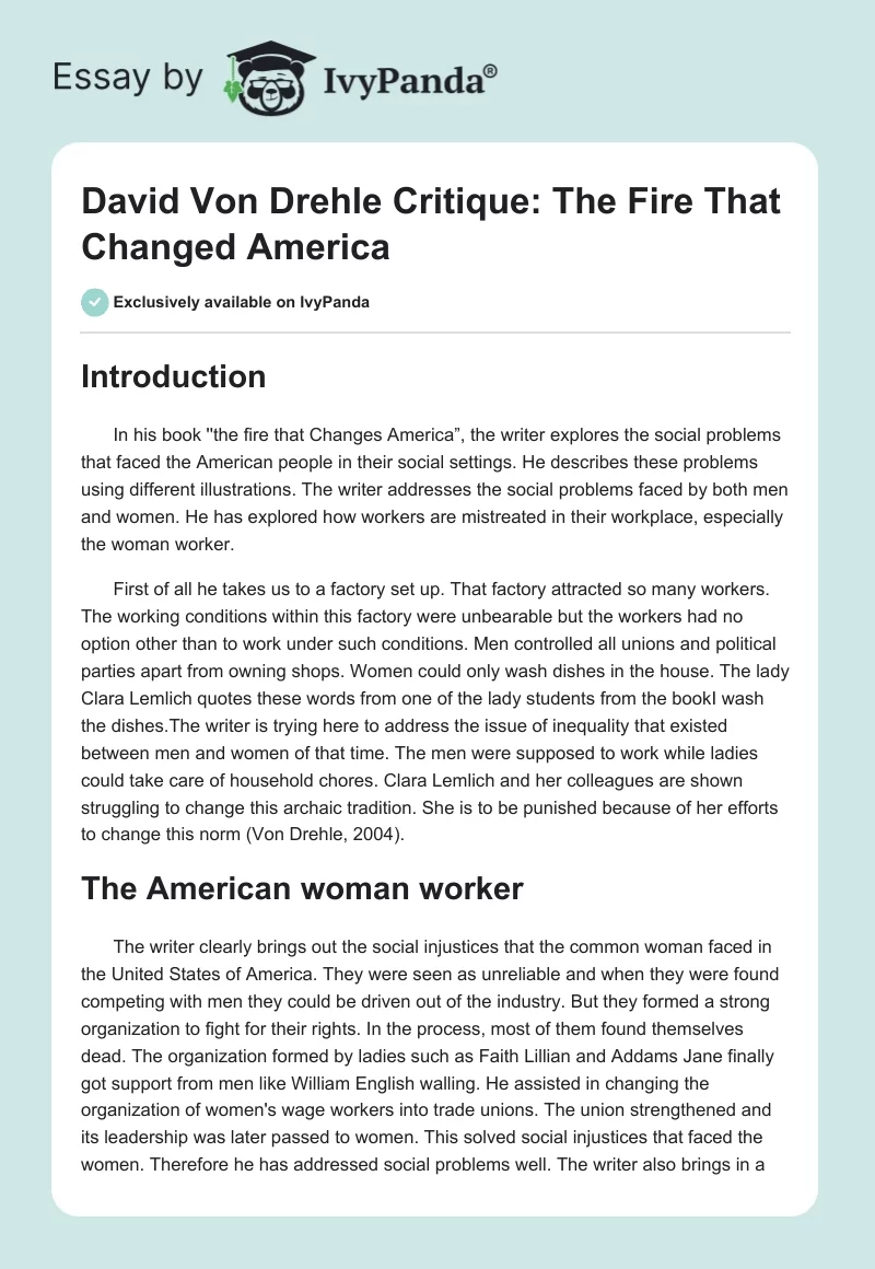 David Von Drehle Critique: The Fire That Changed America. Page 1