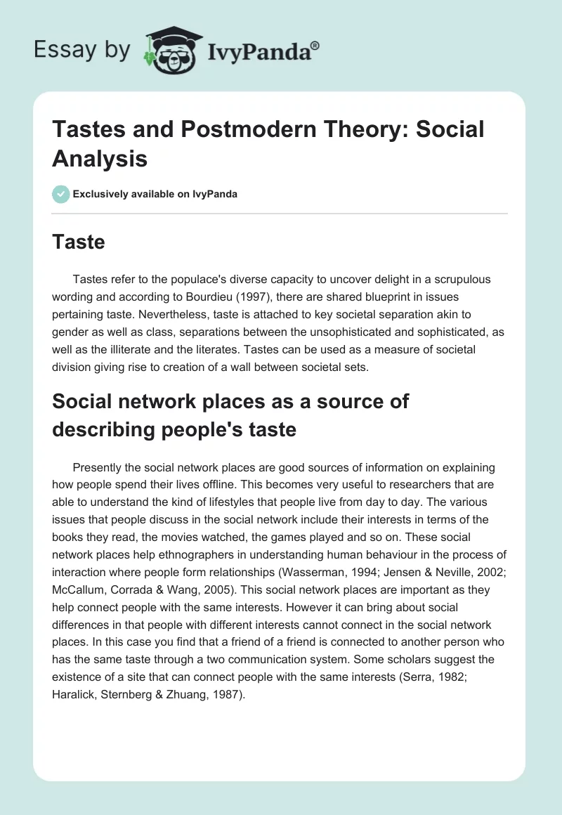 Tastes and Postmodern Theory: Social Analysis. Page 1