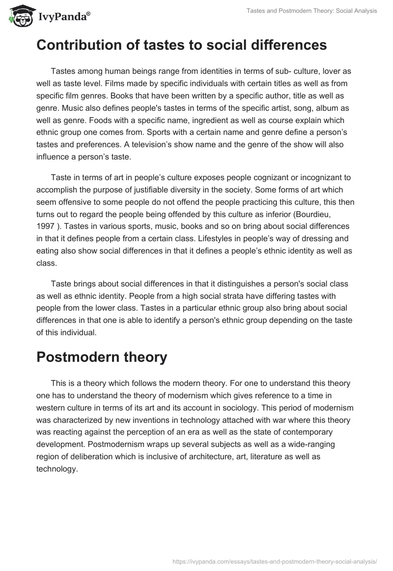 Tastes and Postmodern Theory: Social Analysis. Page 2