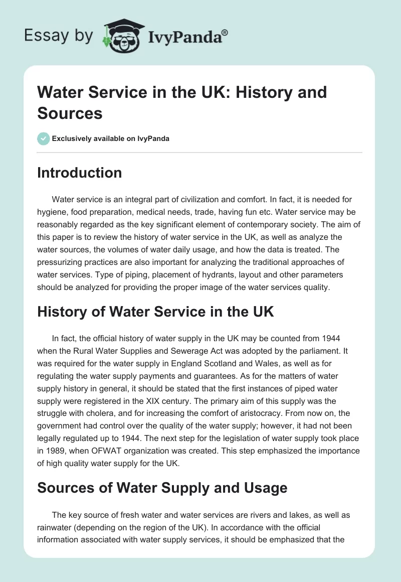 Water Service in the UK: History and Sources. Page 1