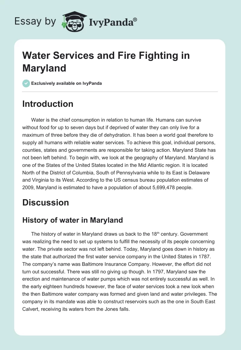 Water Services and Fire Fighting in Maryland. Page 1
