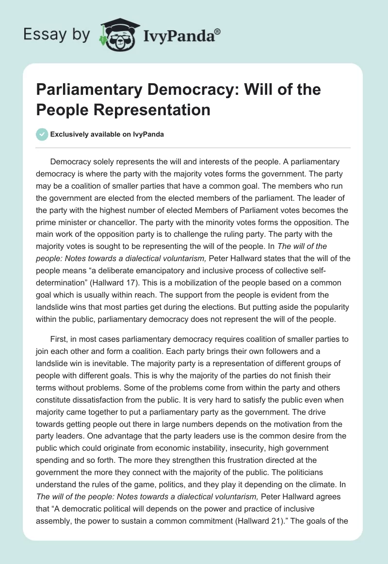Parliamentary Democracy: Will of the People Representation. Page 1