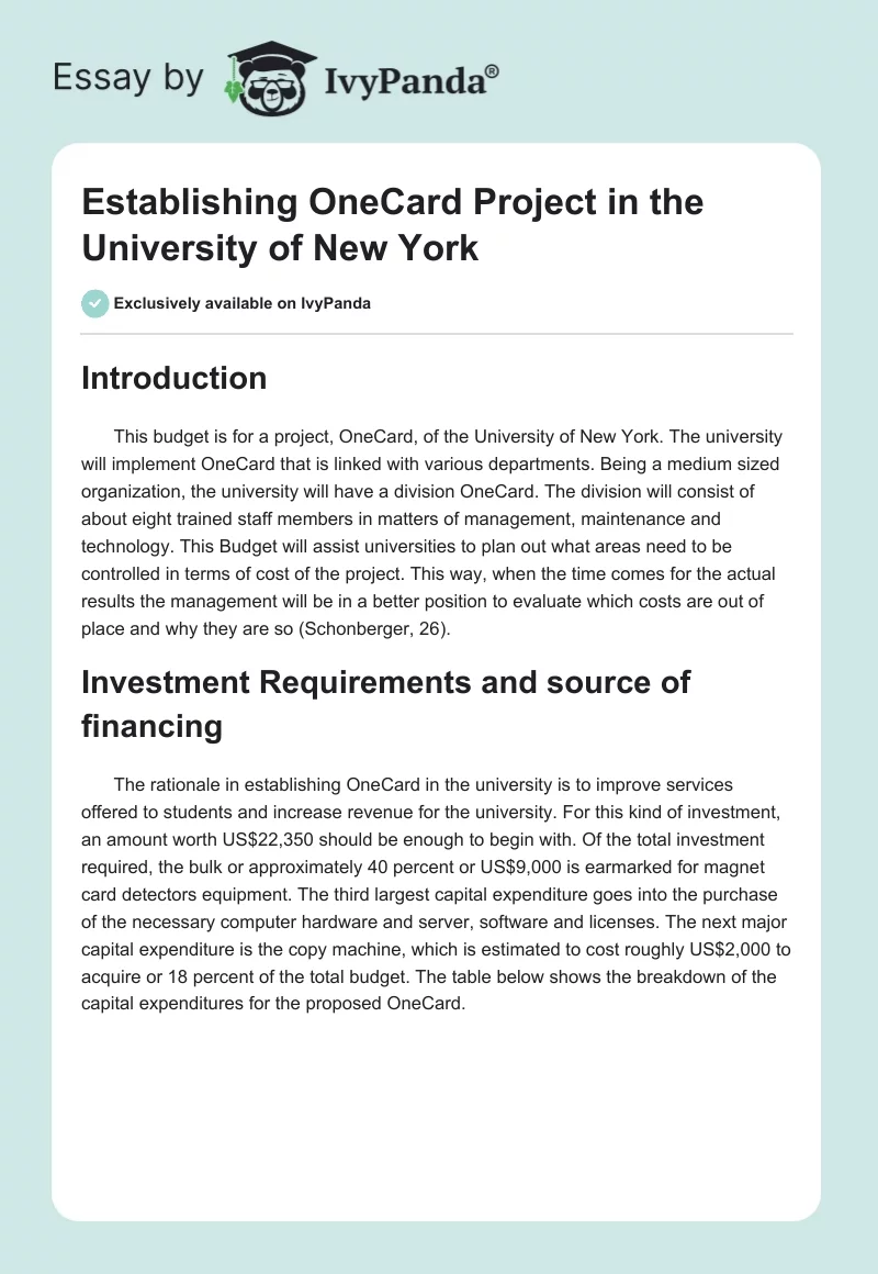 Establishing OneCard Project in the University of New York. Page 1