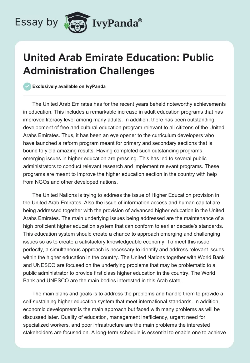 United Arab Emirate Education: Public Administration Challenges. Page 1