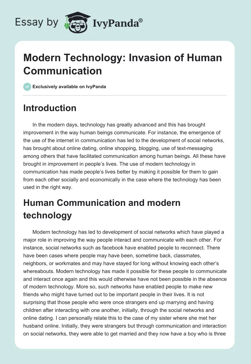 Modern Technology: Invasion of Human Communication. Page 1