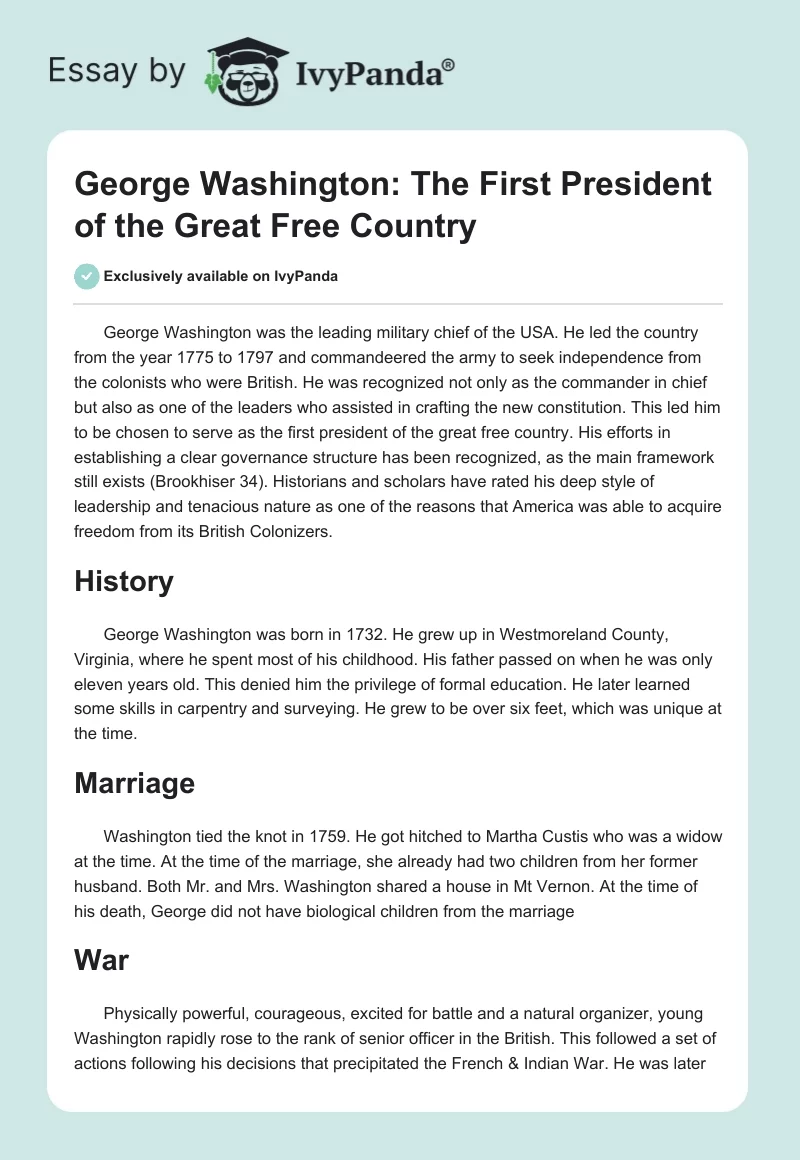 George Washington: The First President of the Great Free Country. Page 1