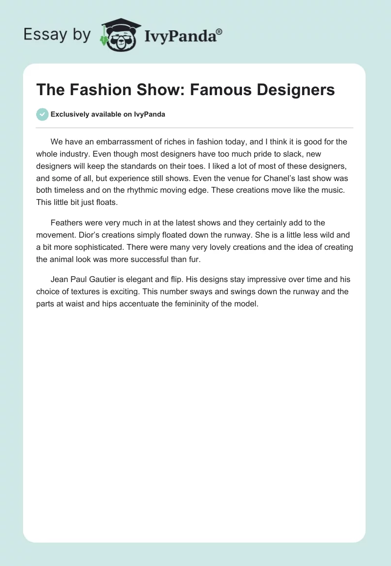The Fashion Show: Famous Designers. Page 1